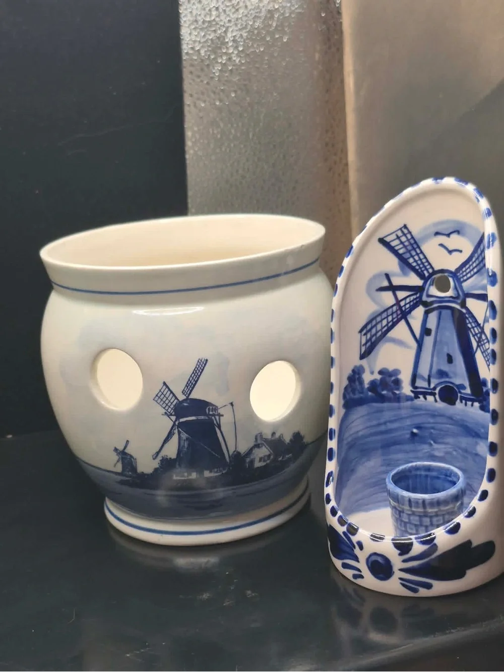 Vintage Genuine Delft Lot Candle Holders with Windmills - Blue & White Pottery